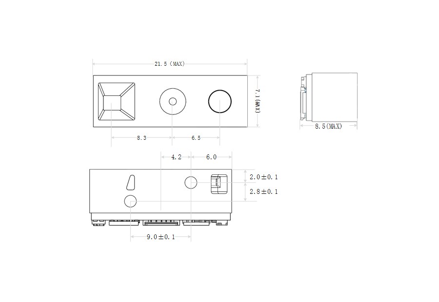 M1V2 barcode scan engine module mechanical drawing, 21.5 x 8.5 x 7.1 mm with 13-pin FPC connector