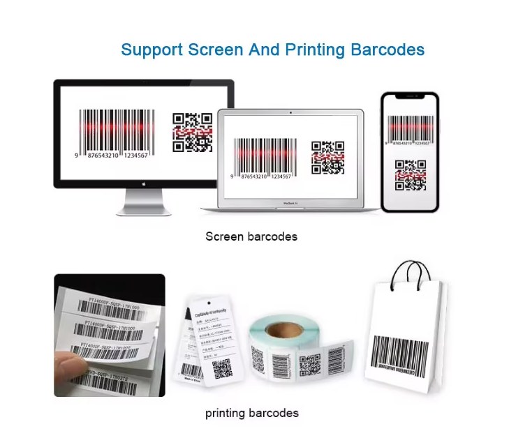 M1V2 scan engine reading QR and barcode symbols on a phone screen, monitor and printed labels